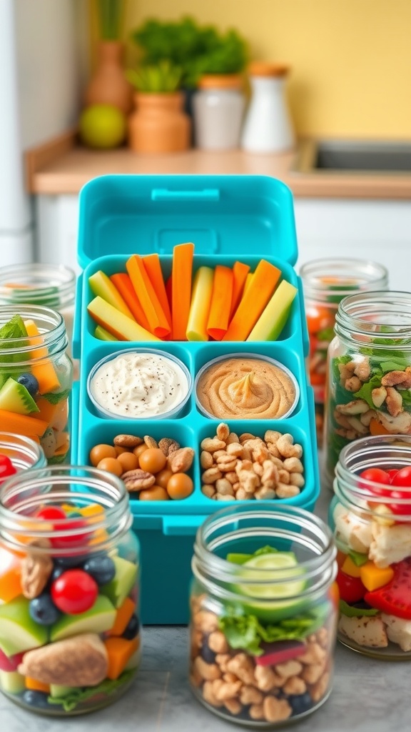 Colorful snack containers filled with fruits, vegetables, and dips on a kitchen countertop.